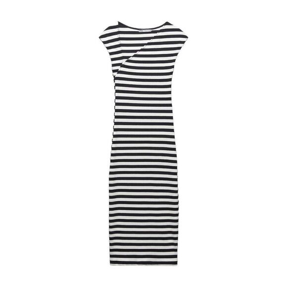 ZARA BLACK AND WHITE ASYMMETRIC NECK DRESS - Picture 2 of 7